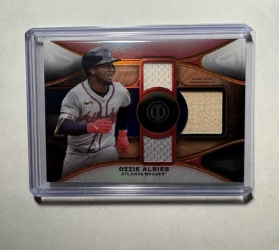 2025 Topps Tribute Ozzie Albies Triple Game Used Relic Orange Parallel # /25 - Image 1 of 3