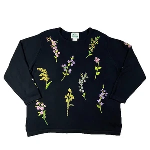 Quacker Factory Floral Embroidered Long Sleeve Sweater Black Women’s 1X Gardener - Picture 1 of 15