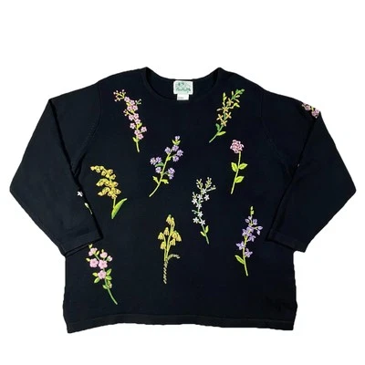 Quacker Factory Floral Embroidered Long Sleeve Sweater Black Women’s 1X Gardener - Image 1 of 4