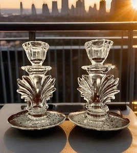 Vintage Fostoria Navarre Etched Glass Baroque Tulip Candle Stick Holders 5.5" - Picture 1 of 4