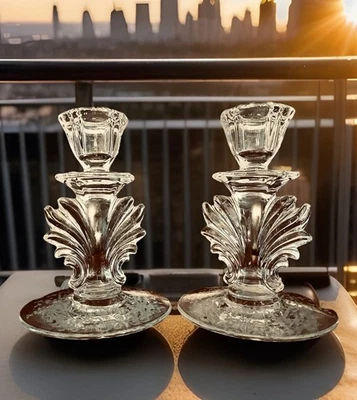 Vintage Fostoria Navarre Etched Glass Baroque Tulip Candle Stick Holders 5.5" - Image 1 of 4