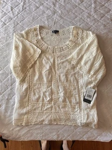 Democracy NWT Crochet Cotton Embroidered Peplum Top BOHO Natural SZ Large - Picture 1 of 1