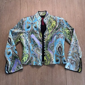 JS Collections Petite 100% Silk Blazer Asian Kimono Mandarin Collar Size 10 Blue - Picture 1 of 15
