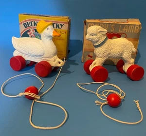 TWO Vtg Hubley Pull Toys Mary's Lamb Ducky Wucky Huboid - Picture 1 of 23