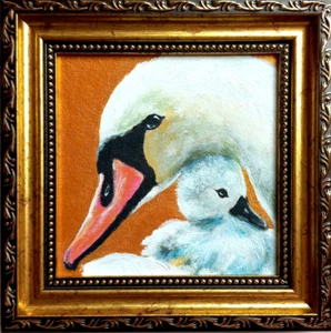 Pintura original de cisne bebé enmarcada en oro arte cisnes blancos obras de arte familiares - Imagen 1 de 15