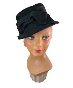 Sombrero de paja negro vintage años 40 50 con lazo, talla 22 - Imagen 1 de 5