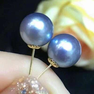 16MM Natural Akoya gray round Shell pearl 14K gold earrings Ear stud Accessories - Imagen 1 de 3
