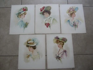 Set of 5 Old Vintage 1908 - Antique VICTORIAN PRINTS - Lady - Flower HAT Ladies - Picture 1 of 1
