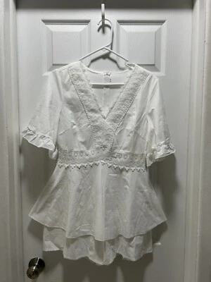 无品牌 M 码象牙色短袖波西米亚 V 领短袖连身裤 — 第 1/4 张图片