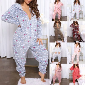 Plus Size Women Fleece Winter Hooded Loose Jumpsuit Zip Front Romper Sleepwears - Picture 1 of 40