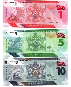 LOT SET SERIE 3 BILLETS TRINIDAD and TOBAGO 1 5 10 DOLLAS 2021 POLYMER NEUF UNC - Picture 1 of 2