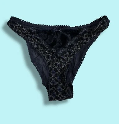 De Colección Victoria's Secret Pequeño Terciopelo Azul Oscuro Bordado Bikini Panty Malla Brillante Foto 1 de 4