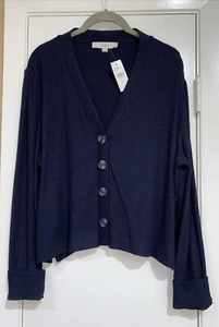 Loft NWT Sz XL Navy Blue Thin Cropped Short Sleeve Cardigan Sweater - Picture 1 of 6