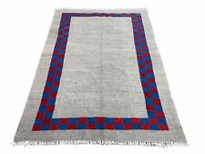 Gray Turkish Kilim Carpet Hand-Knotted Rug Blue & Red Geometric Wool, 5.7 x 7.7
