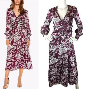 NWT Bardot Jolie Floral Midi Dress Empire Crochet Bishop Sleeve Purple Boho Sz 4 - Picture 1 of 12