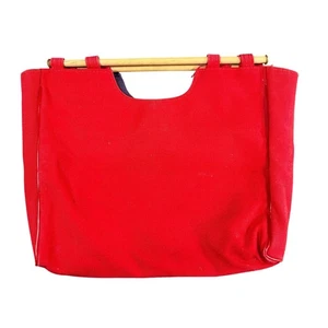 Vintage Clutch Purse- Red Cotton- Wooden Handle- some wear, small stain - Picture 1 of 6