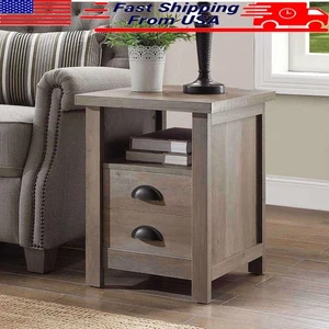 Rustic Gray End Table Multi-Function Indoor Outdoor Storage Side Table New - Picture 1 of 6
