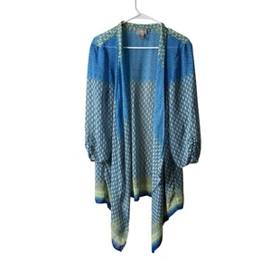 Chicos Blue Patterned Sheer Draped 3/4 Sleeve Kimono Blouse Size XL 3 - Picture 1 of 5