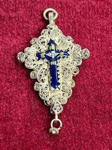 Antique Victorian Sterling Silver Filigree & Enamel Christianity Rosary Cross - Picture 1 of 4