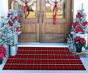 Christmas Front Porch Rugs 24 x 51''Black Red Plaid Outdoor Rug Hand-Woven Wa... - Bild 1 von 7