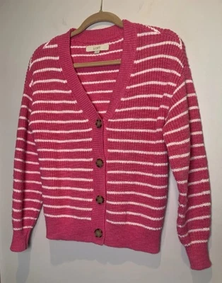Suéter Cárdigan LOFT Rayas Botón Frontal Rosa y Blanco Talla XS Foto 1 de 4
