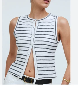Madewell Split Crewneck Cardigan Tank Womens Large Stripe French Terry New - Picture 1 of 12
