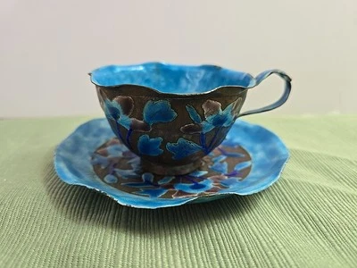 Vintage Chinese Cloisonné Metal Teacup Saucer Blue Copper Enameled Flowers Mini - Image 1 of 4