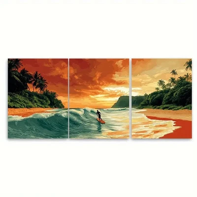 3pcs Vibrant Sunset & Palm Tree Scenery Metal Print Ready to Hang Art - Image 1 of 4