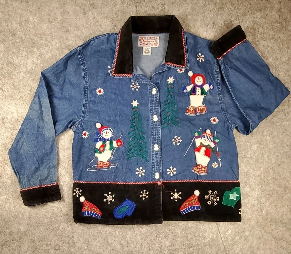 Camisa de Navidad Tattersall Mujer Grande Muñeco de Nieve Botón Borde Terciopelo Años 80-Leer Foto 1 de 4