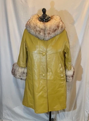 VINTAGE 1970'S Ochre/yellow LEATHER Faux Fur TRIM COAT/Jacket M/L - Image 1 of 4