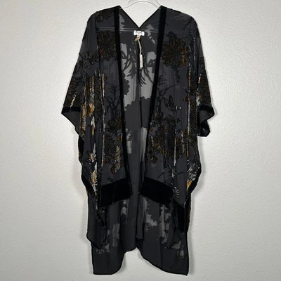 World Market Talla Única Kimono Burnout Terciopelo Negro Amarillo Floral Ranuras Laterales NUEVO- Foto 1 de 4
