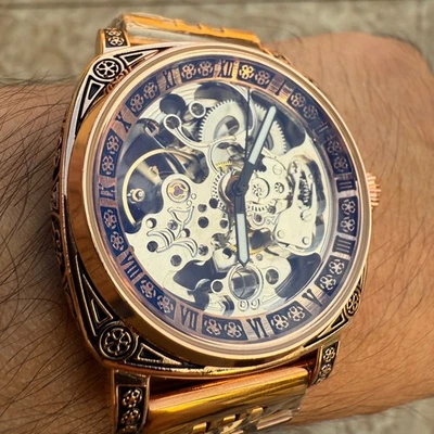 14K розовое золото отделка скелет шкала часы автоматический автоподзавод выставка назад - Изображение 1 из 4