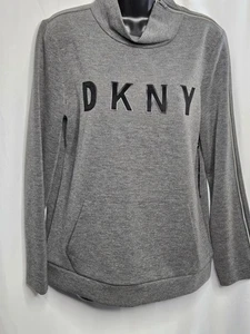 DKNY Sweatshirt Women's Small Gray Mock Neck Black Letters Sleeve Zip Stretch  - Picture 1 of 13