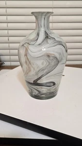 Vintage Hand Blown Glass  Vase White Gray Black Gold  Swirl  10" Tall - Picture 1 of 7