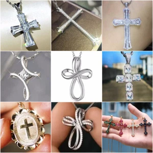 Cross 925 Silver,Gold Necklace Pendant Cubic Zircon Women/Men Charm Jewelry - Picture 1 of 56