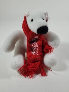 Coca-Cola Eisbär Plüsch mit einem roten Strickschal 4 Zoll mit Etikett - Bild 1 von 5