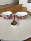 VTG Rice Bowls & Spoon Chinese New Year Jingdezhen Pink Famille Rose Bowls