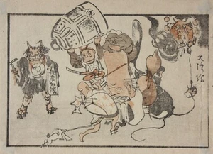 Schule von Hokusai, Farbholzschnitt, Surimono, Glücksgott Fukurokuju, Edo-Zeit - Bild 1 von 9