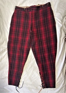 Pantalones de caza de lana a cuadros rojos Woolrich de colección años 40/50 con cordones para piernas Mackinaw Woods EE. UU. - Imagen 1 de 14