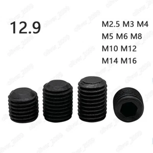 Black Steel 12.9 Hex Socket Set Screws Flat Point Grub Screws DIN913 M2.5-M16 - Picture 1 of 5
