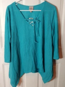 Blusa campesina para mujer nueva con etiquetas, ligera mordida de tiburón verde azulado talla 2XL de Como Vintage - Imagen 1 de 4
