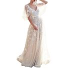 Womens Deep V-Neck Backless Ball Gown Short Sleeve Floral Lace Vintage Wedd