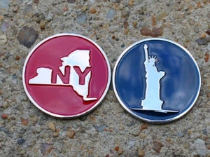 ESTATUA DE LA LIBERTAD NUEVA YORK IMPERIO ESTADO MAPA ESQUEMA MONEDA BOLA MARCADORES - Imagen 1 de 1