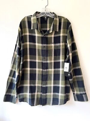 Volcom Size L Curwin LS Flannel Shirt Green Black Plaid Button Up Cotton - Image 1 of 4