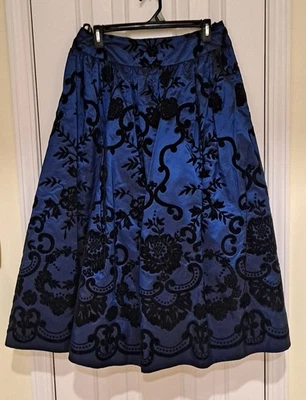 Saia de festa vintage tamanho 14 Scott Mcclintock azul tafetá com veludo preto floral - Imagem 1 de 4