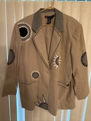 IB Diffusion Linen blend Blazer Applique & Embroidered Sun Mofits 18W Brown - Image 1 of 4
