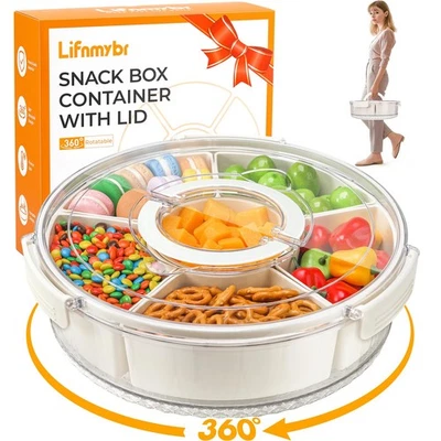 snackle box container, 360° Rotating 12in L Large Size divided serving tray w... - Image 1 of 4