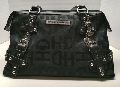 Cartera Harley Davidson clásica de cuero de algodón jacquard negra con tachuelas - dijes HD Foto 1 de 4