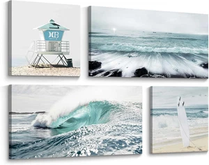 Beach Surfboard Canvas Wall Art: Large Blue Ocean Pictures Surf Sea Wave Scenery - Picture 1 of 7
