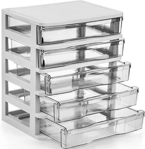 5 Drawer Desktop Storage Bin Unit, Small Plastic Organizer, White Frame with ... - Picture 1 of 6